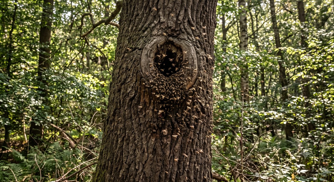 Wild honey bees flying in and out of a knot-hole entrance in an oak tree trunk, deep in a forest.